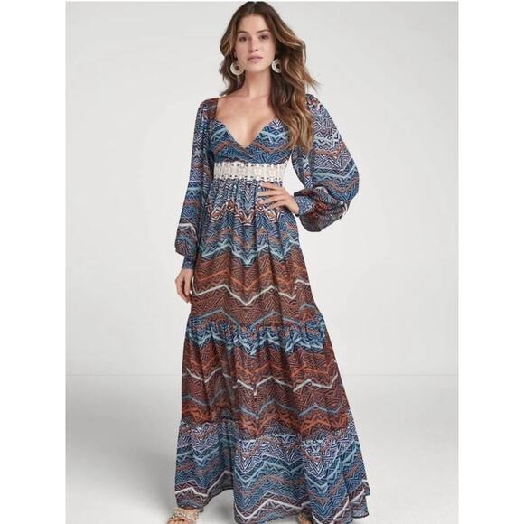 Venus Size 8 Medium Blue Rust Boho Balloon Sleeve Chiffon Tiered Maxi Dress - Picture 1 of 8